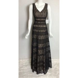 Anne Klein Black Lace Overlay V-Neck Gown with Nude Lining